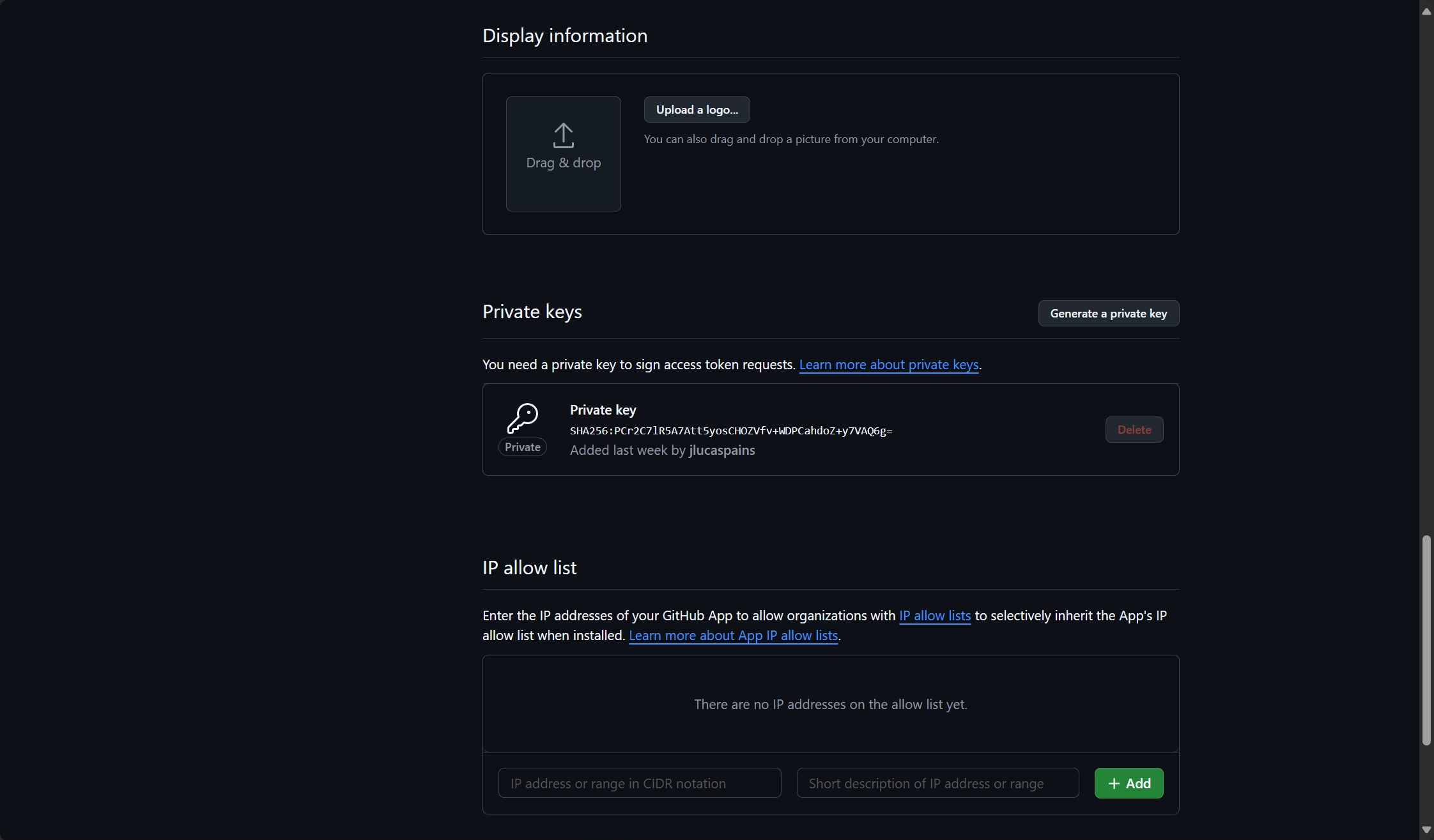 Generating a private key for the GitHub App
