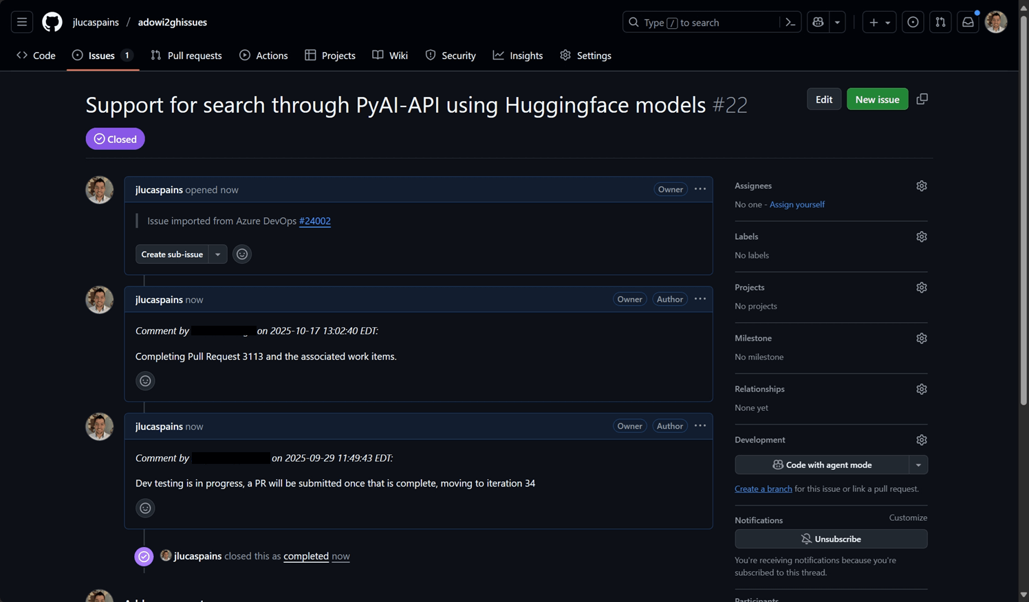 Example of an imported work item using PAT