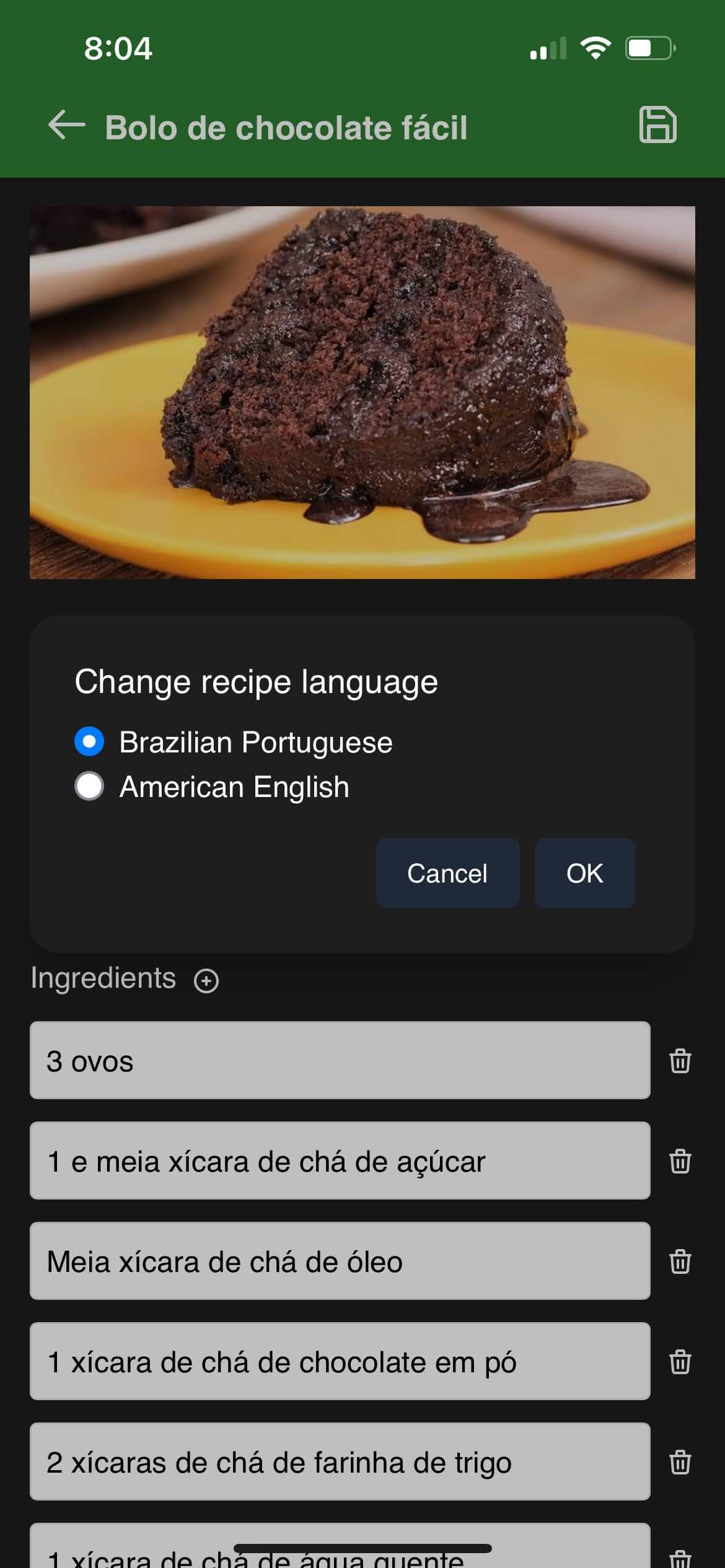 Change language in recipe